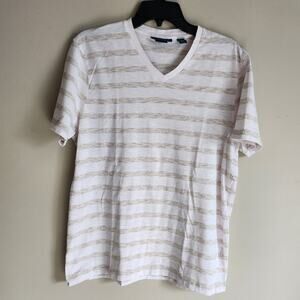 Perry Ellis White and Tan V Neck Short Sleeve Shirt Large Extra Fine Cotton